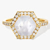 Halo Hexagon Moonstone Engagement Ring with Pave Set Moissanite Sidestones