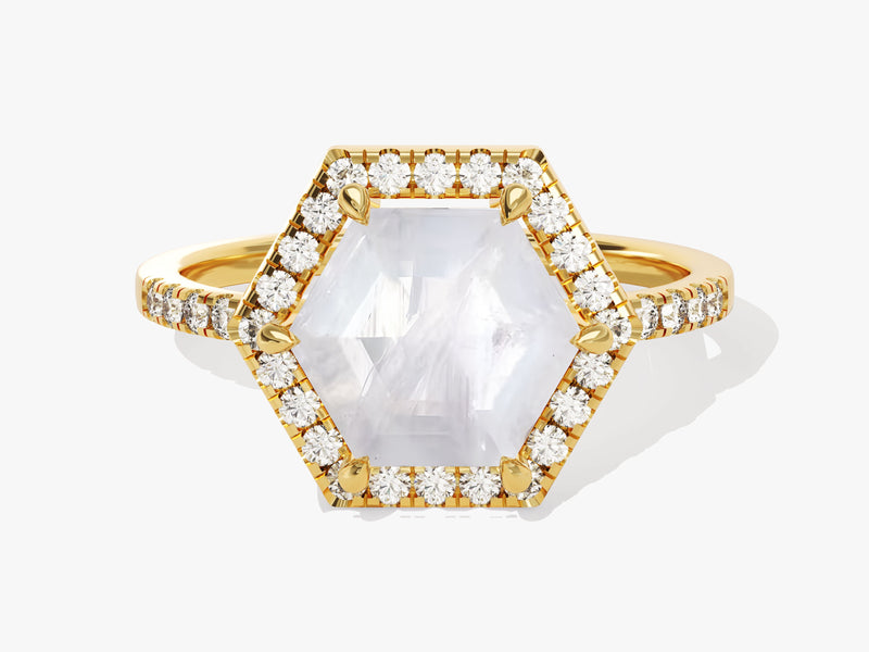 Halo Hexagon Moonstone Engagement Ring with Pave Set Moissanite Sidestones