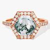 Halo Hexagon Moss Agate Engagement Ring with Pave Set Moissanite Sidestones