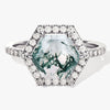 Halo Hexagon Moss Agate Engagement Ring with Pave Set Moissanite Sidestones