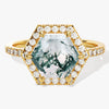 Halo Hexagon Moss Agate Engagement Ring with Pave Set Moissanite Sidestones