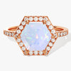 Halo Hexagon Opal Engagement Ring with Pave Set Moissanite Sidestones