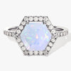 Halo Hexagon Opal Engagement Ring with Pave Set Moissanite Sidestones