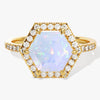 Halo Hexagon Opal Engagement Ring with Pave Set Moissanite Sidestones