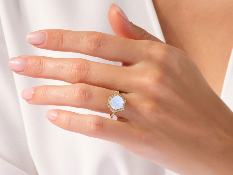 Halo Hexagon Opal Engagement Ring with Pave Set Moissanite Sidestones
