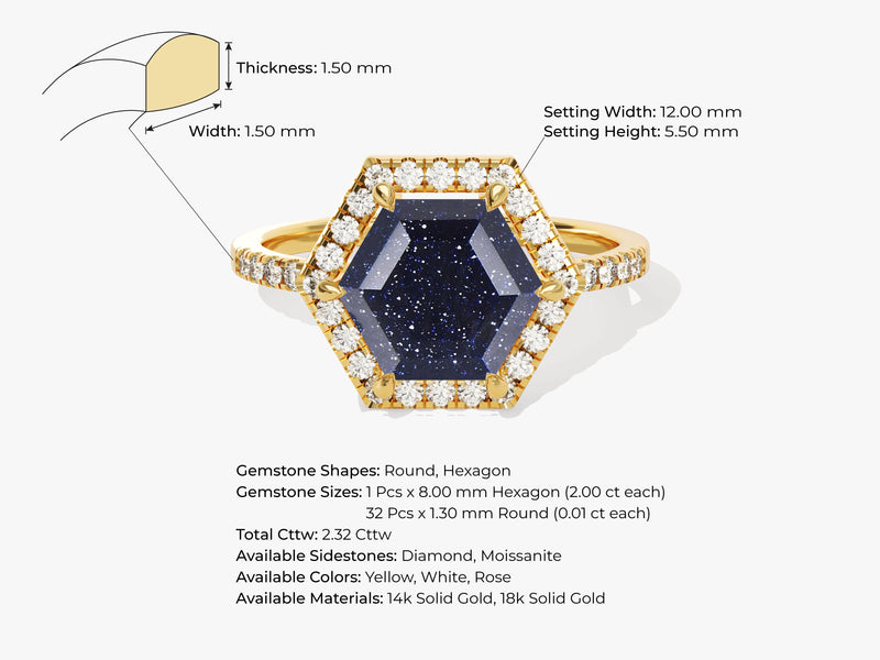 Halo Hexagon Blue Sandstone Engagement Ring with Pave Set Moissanite Sidestones.