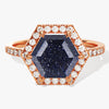 Halo Hexagon Blue Sandstone Engagement Ring with Pave Set Moissanite Sidestones.