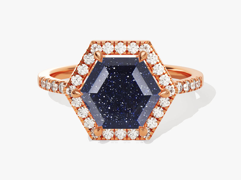 Halo Hexagon Blue Sandstone Engagement Ring with Pave Set Moissanite Sidestones.
