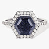Halo Hexagon Blue Sandstone Engagement Ring with Pave Set Moissanite Sidestones.