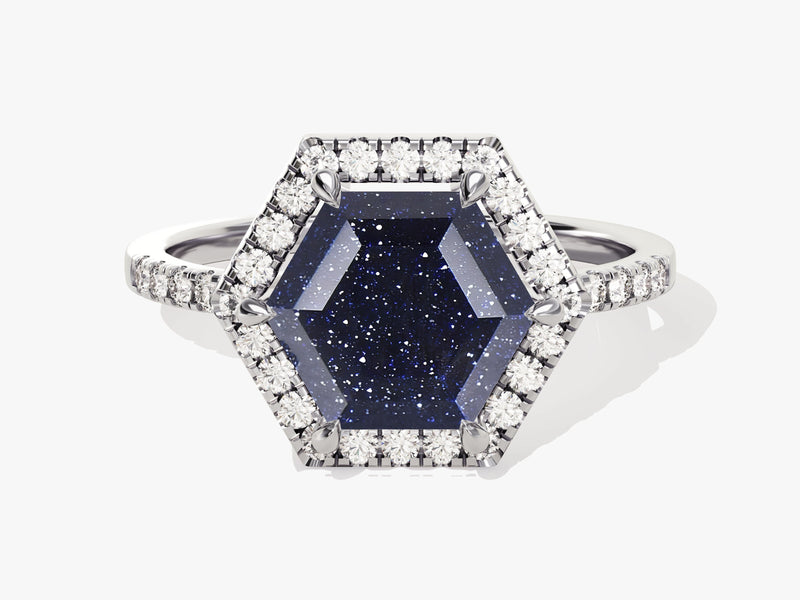Halo Hexagon Blue Sandstone Engagement Ring with Pave Set Moissanite Sidestones.