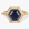 Halo Hexagon Blue Sandstone Engagement Ring with Pave Set Moissanite Sidestones.
