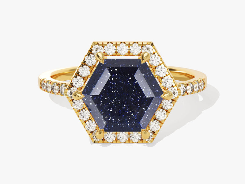 Halo Hexagon Blue Sandstone Engagement Ring with Pave Set Moissanite Sidestones.