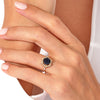 Halo Hexagon Blue Sandstone Engagement Ring with Pave Set Moissanite Sidestones.