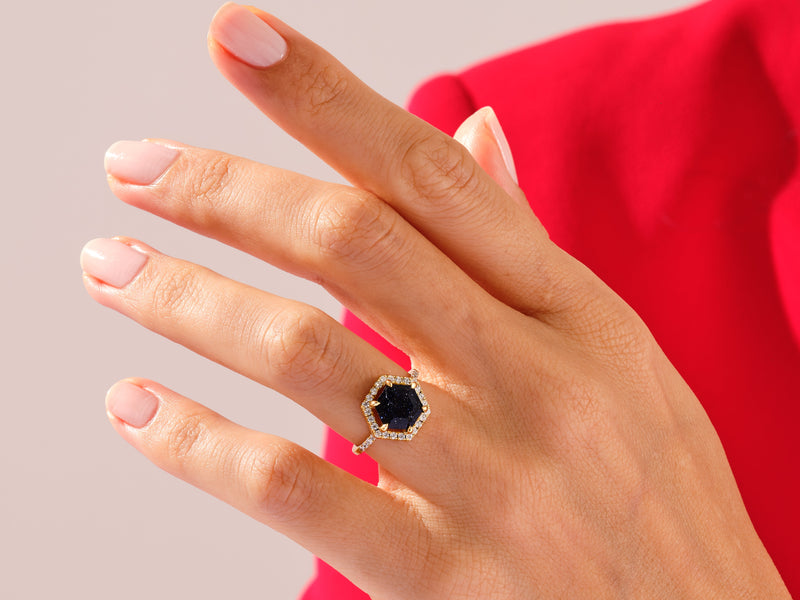 Halo Hexagon Blue Sandstone Engagement Ring with Pave Set Moissanite Sidestones.