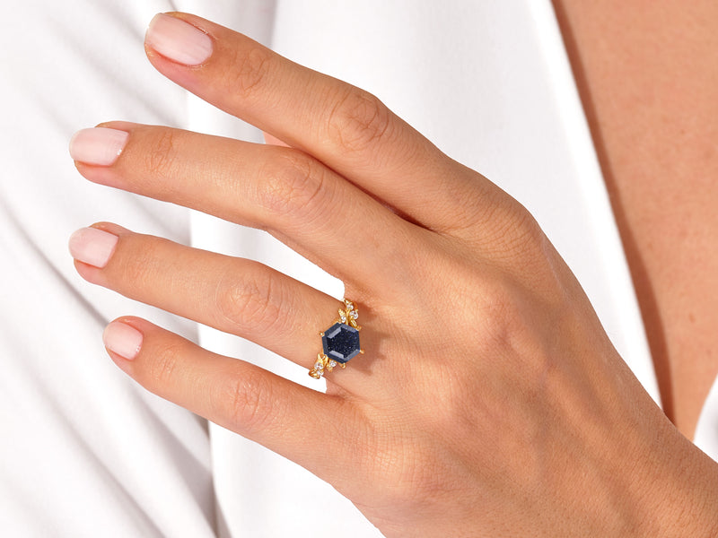 Hexagon Blue Sandstone Nature-Inspired Engagement Ring with Moissanite Sidestones.