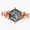 Hexagon Black Rutilated Quartz Nature-Inspired Engagement Ring with Moissanite Sidestones.