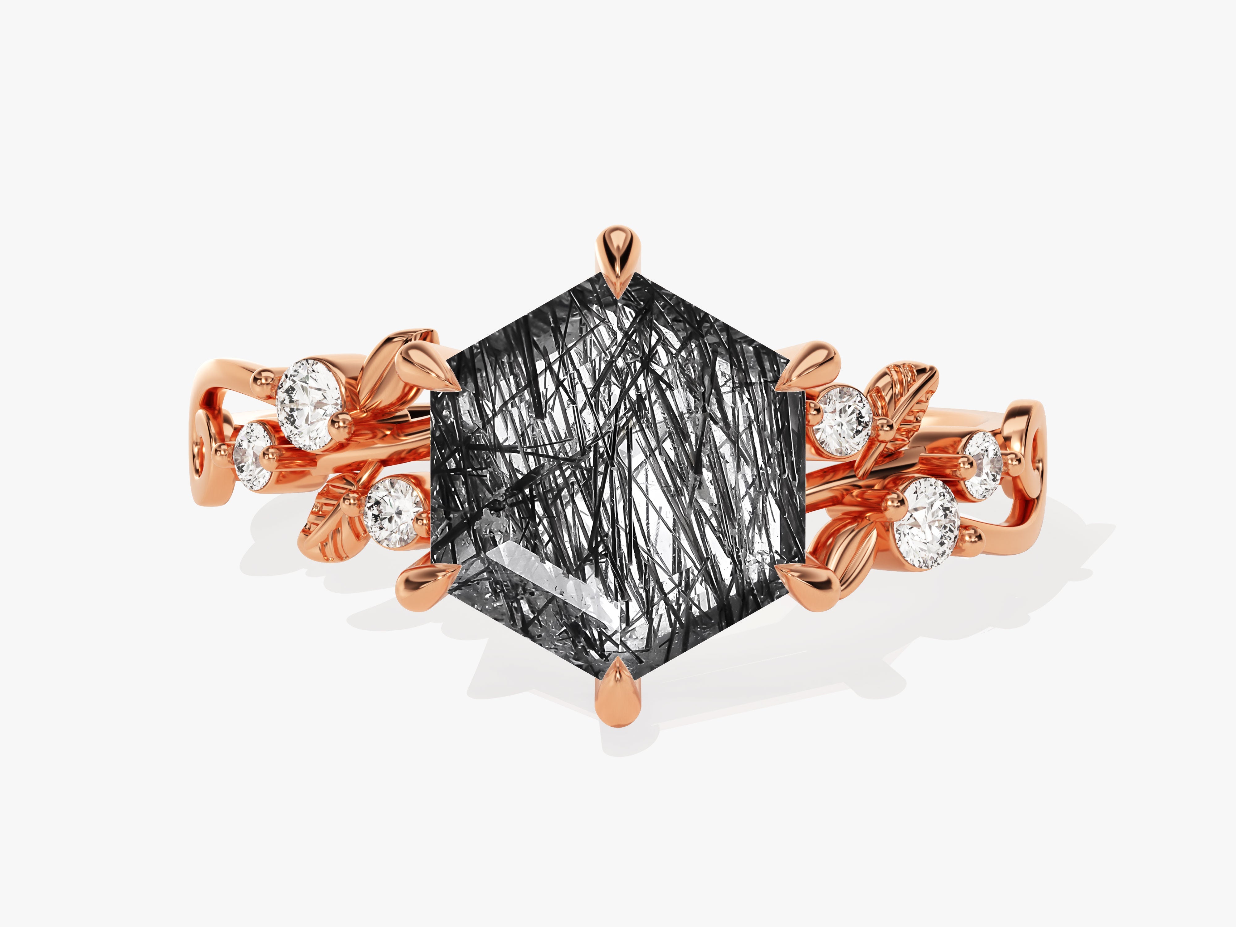 Hexagon Black Rutilated Quartz Nature-Inspired Engagement Ring with Moissanite Sidestones.
