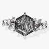 Hexagon Black Rutilated Quartz Nature-Inspired Engagement Ring with Moissanite Sidestones.