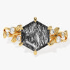 Hexagon Black Rutilated Quartz Nature-Inspired Engagement Ring with Moissanite Sidestones.