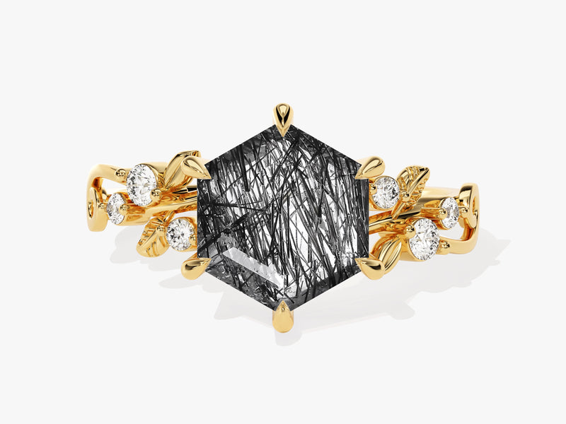 Hexagon Black Rutilated Quartz Nature-Inspired Engagement Ring with Moissanite Sidestones.