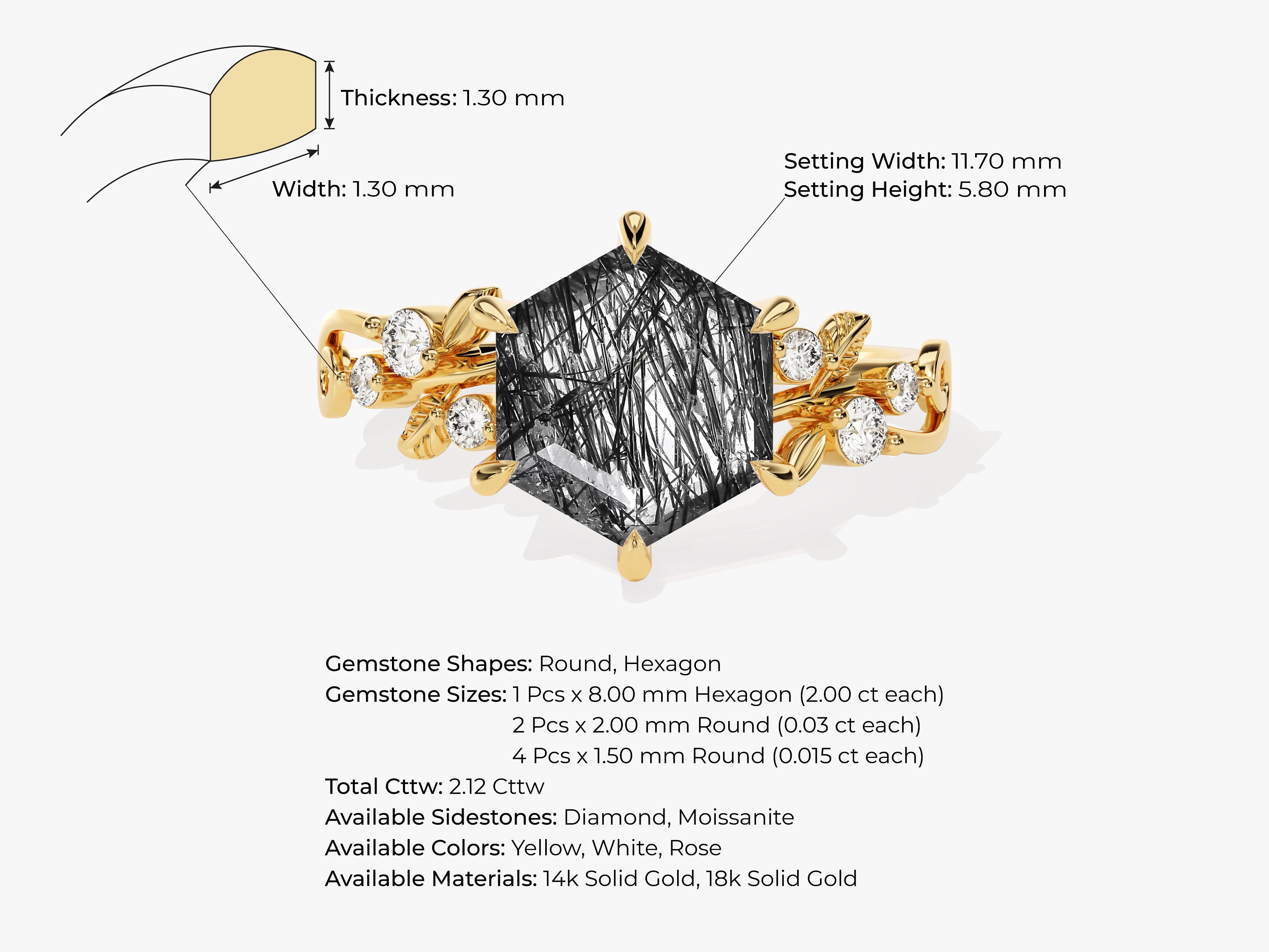Hexagon Black Rutilated Quartz Nature-Inspired Engagement Ring with Moissanite Sidestones.