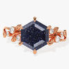 Hexagon Blue Sandstone Nature-Inspired Engagement Ring with Moissanite Sidestones.