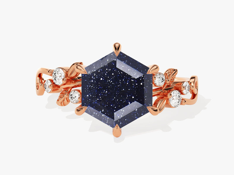 Hexagon Blue Sandstone Nature-Inspired Engagement Ring with Moissanite Sidestones.