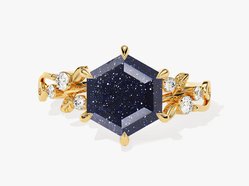 Hexagon Blue Sandstone Nature-Inspired Engagement Ring with Moissanite Sidestones.