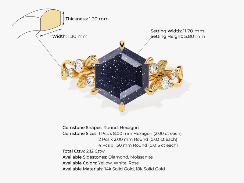 Hexagon Blue Sandstone Nature-Inspired Engagement Ring with Moissanite Sidestones.