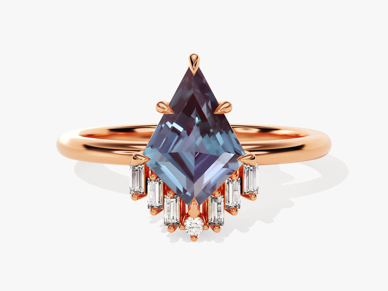 Kite Lab Alexandrite Engagement Ring with Baguette Moissanite Sidestones