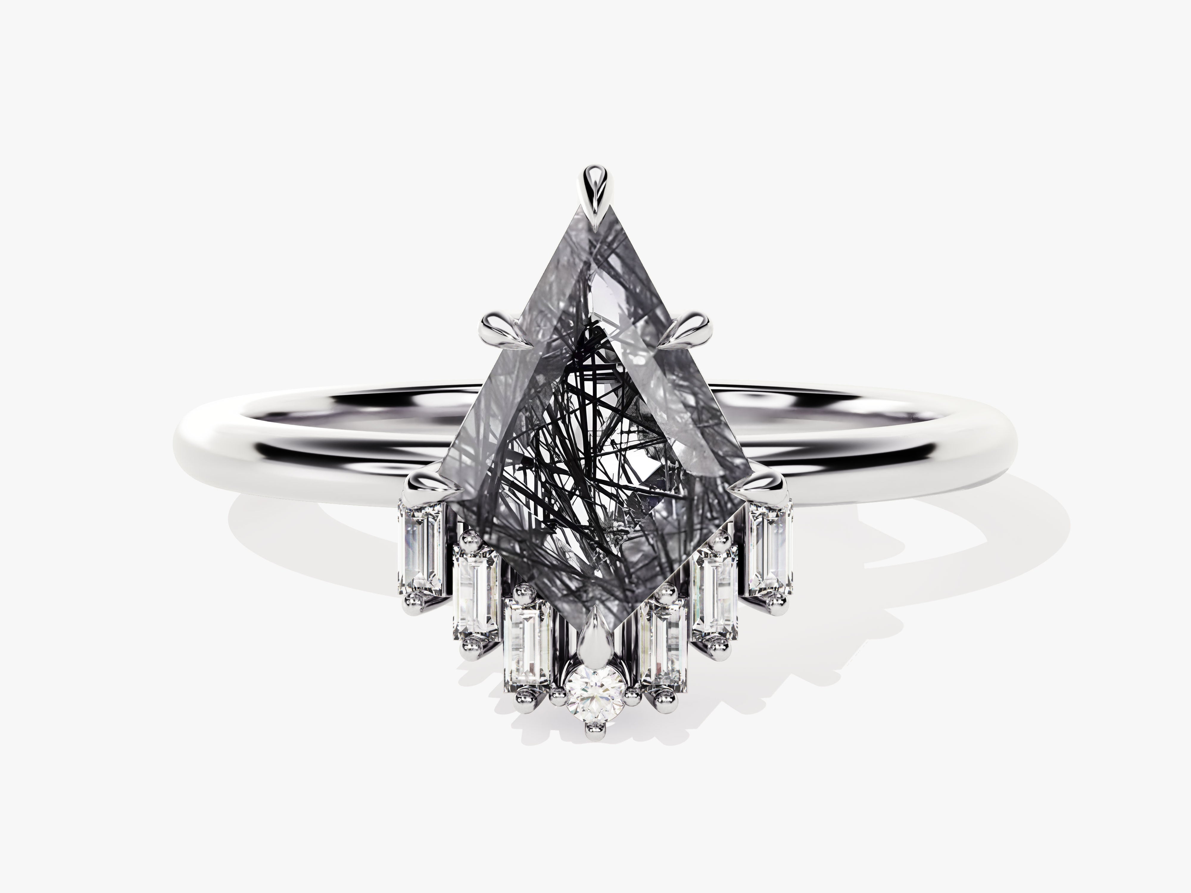 Kite Black Rutilated Quartz Engagement Ring with Baguette Moissanite Sidestones