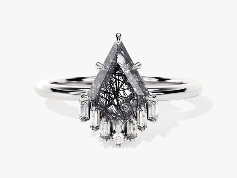 Kite Black Rutilated Quartz Engagement Ring with Baguette Moissanite Sidestones