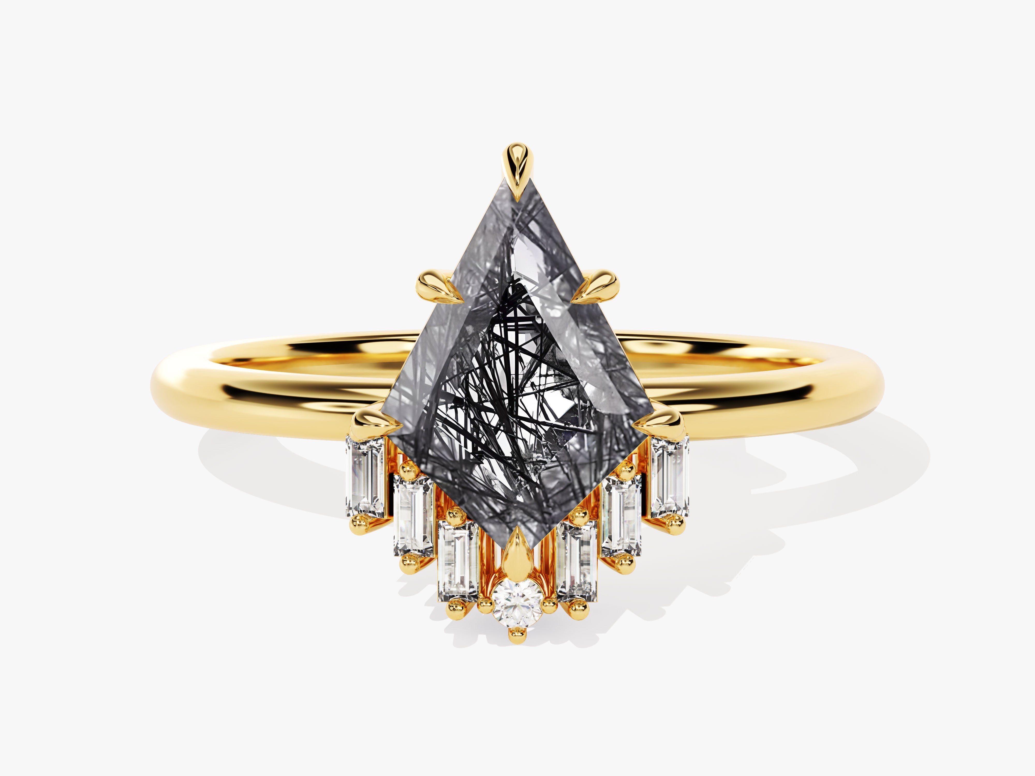 Kite Black Rutilated Quartz Engagement Ring with Baguette Moissanite Sidestones