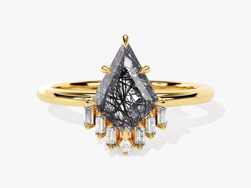 Kite Black Rutilated Quartz Engagement Ring with Baguette Moissanite Sidestones