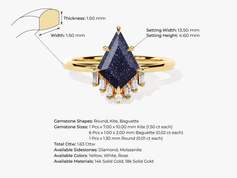 Kite Blue Sandstone Engagement Ring with Baguette Moissanite Sidestones.