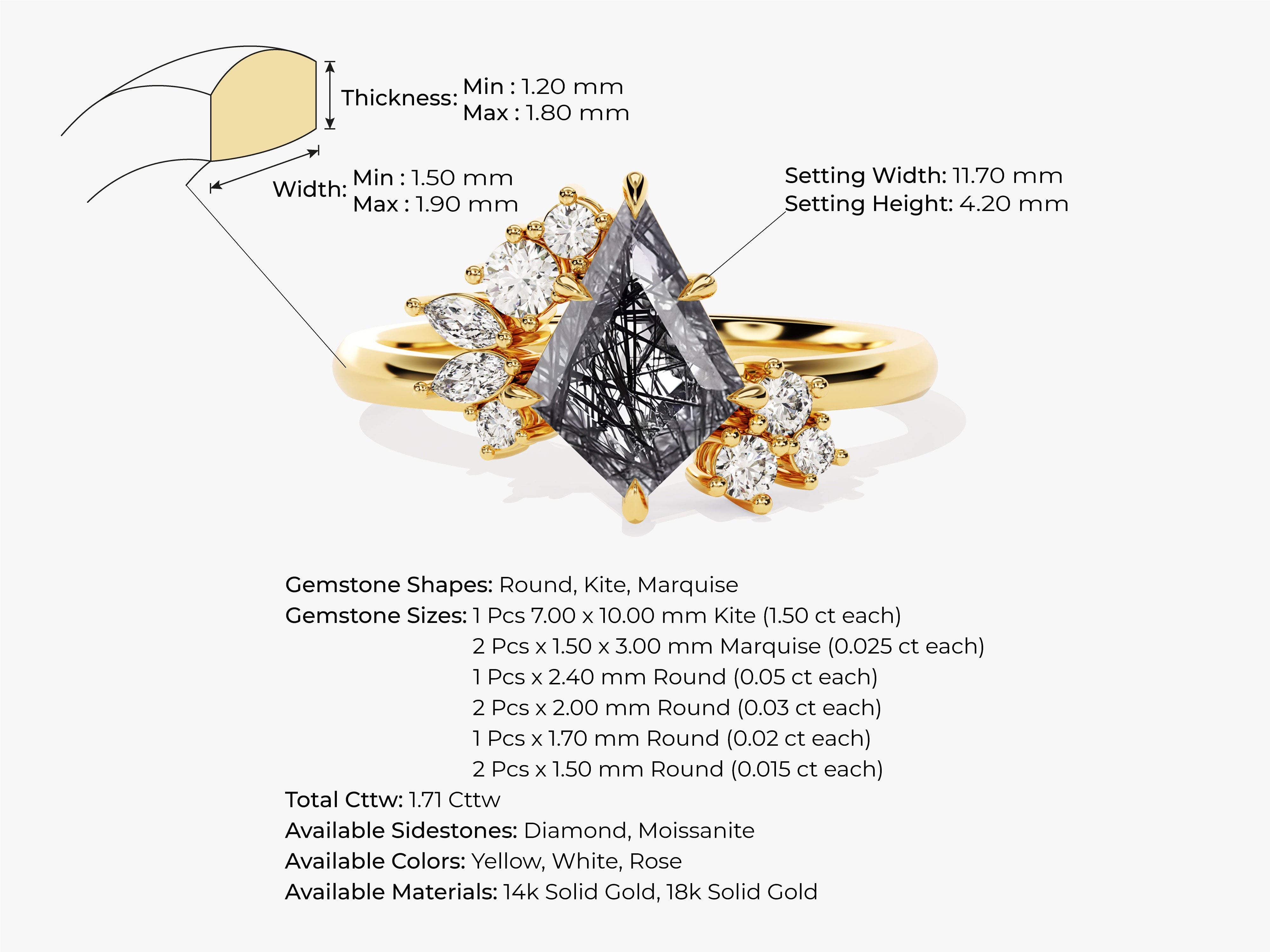 Kite Black Rutilated Quartz Engagement Ring with Moissanite Sidestones.