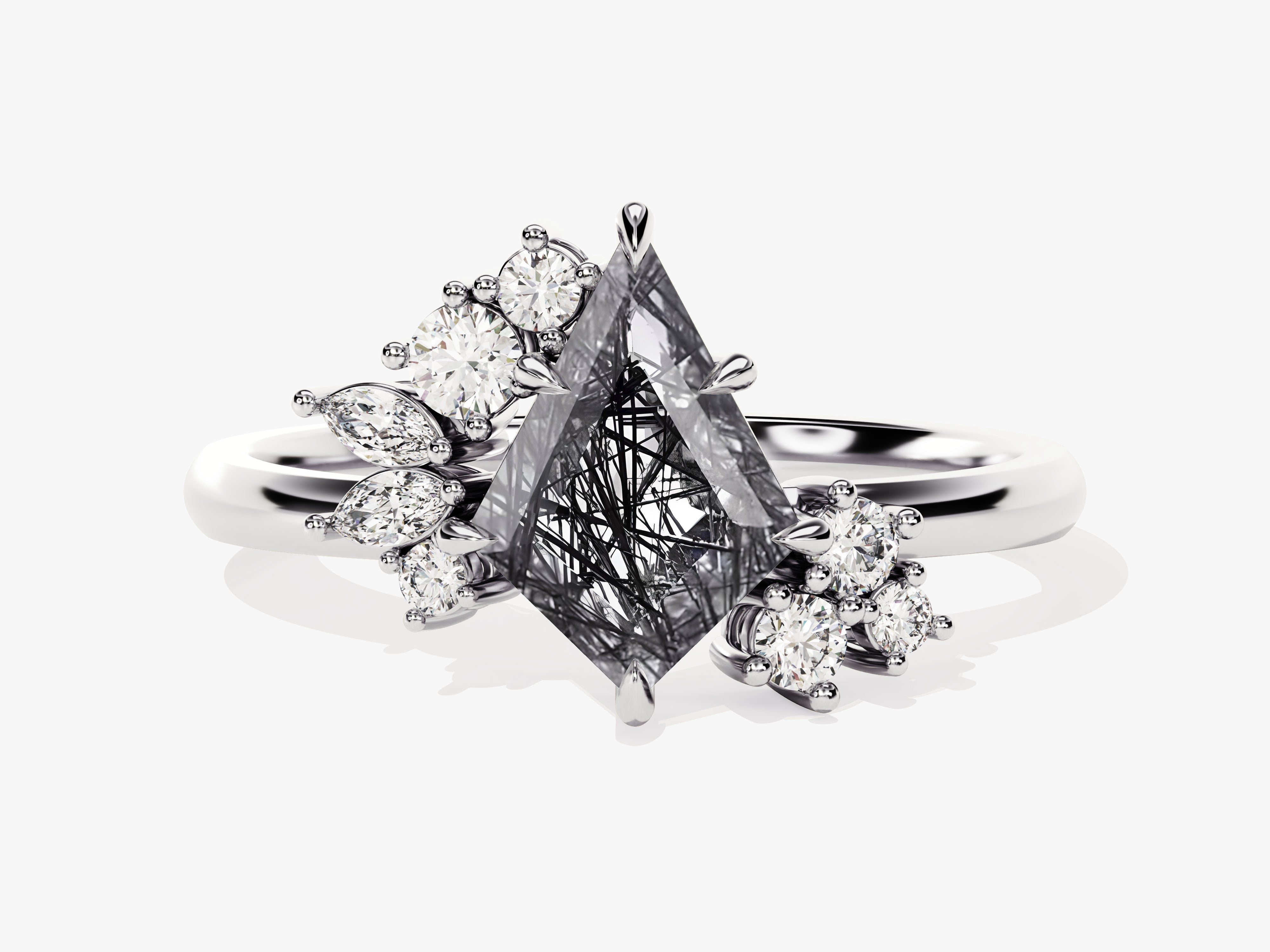 Kite Black Rutilated Quartz Engagement Ring with Moissanite Sidestones.
