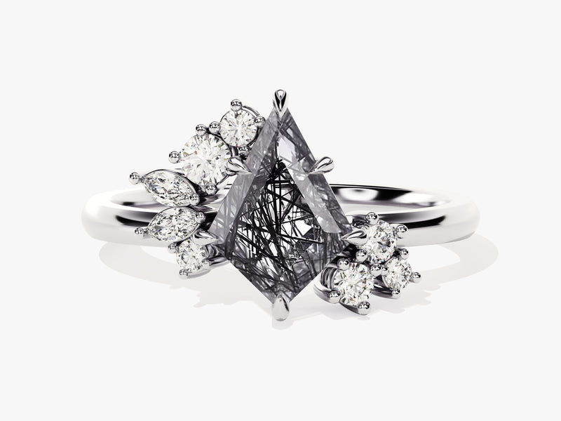 Kite Black Rutilated Quartz Engagement Ring with Moissanite Sidestones.