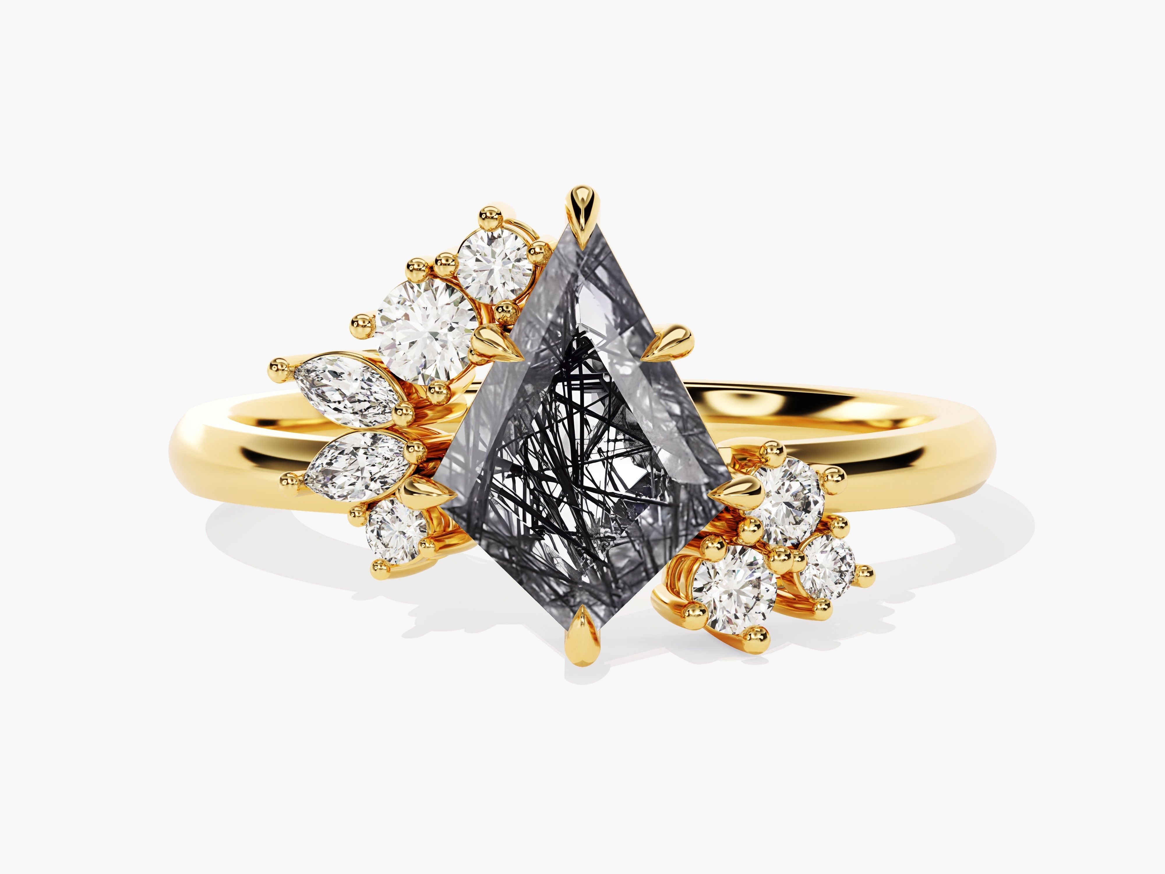 Kite Black Rutilated Quartz Engagement Ring with Moissanite Sidestones.