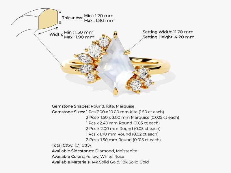 Kite Moonstone Engagement Ring with Moissanite Sidestones