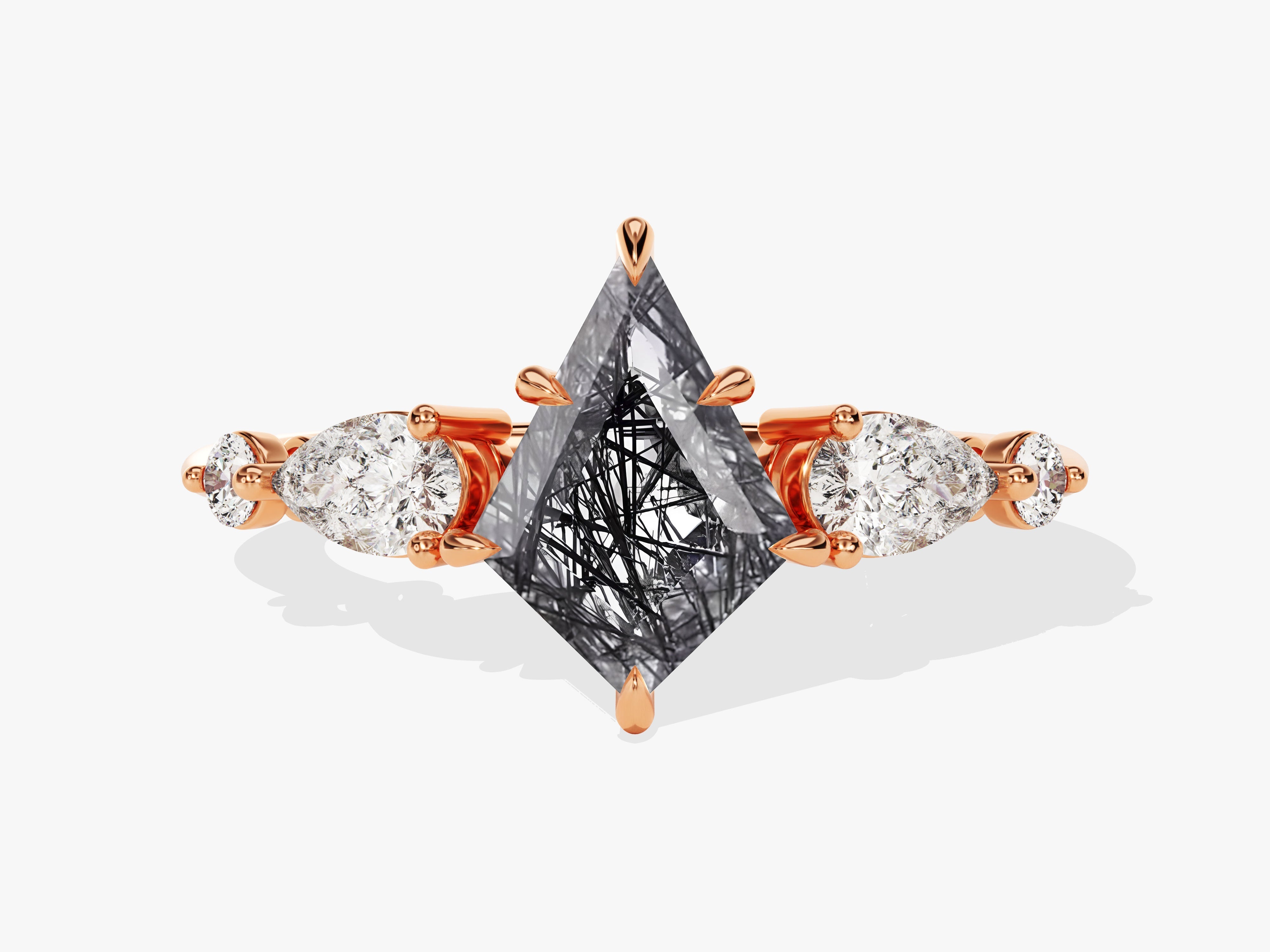 Kite Black Rutilated Quartz Engagement Ring with Pear Moissanite Sidestones