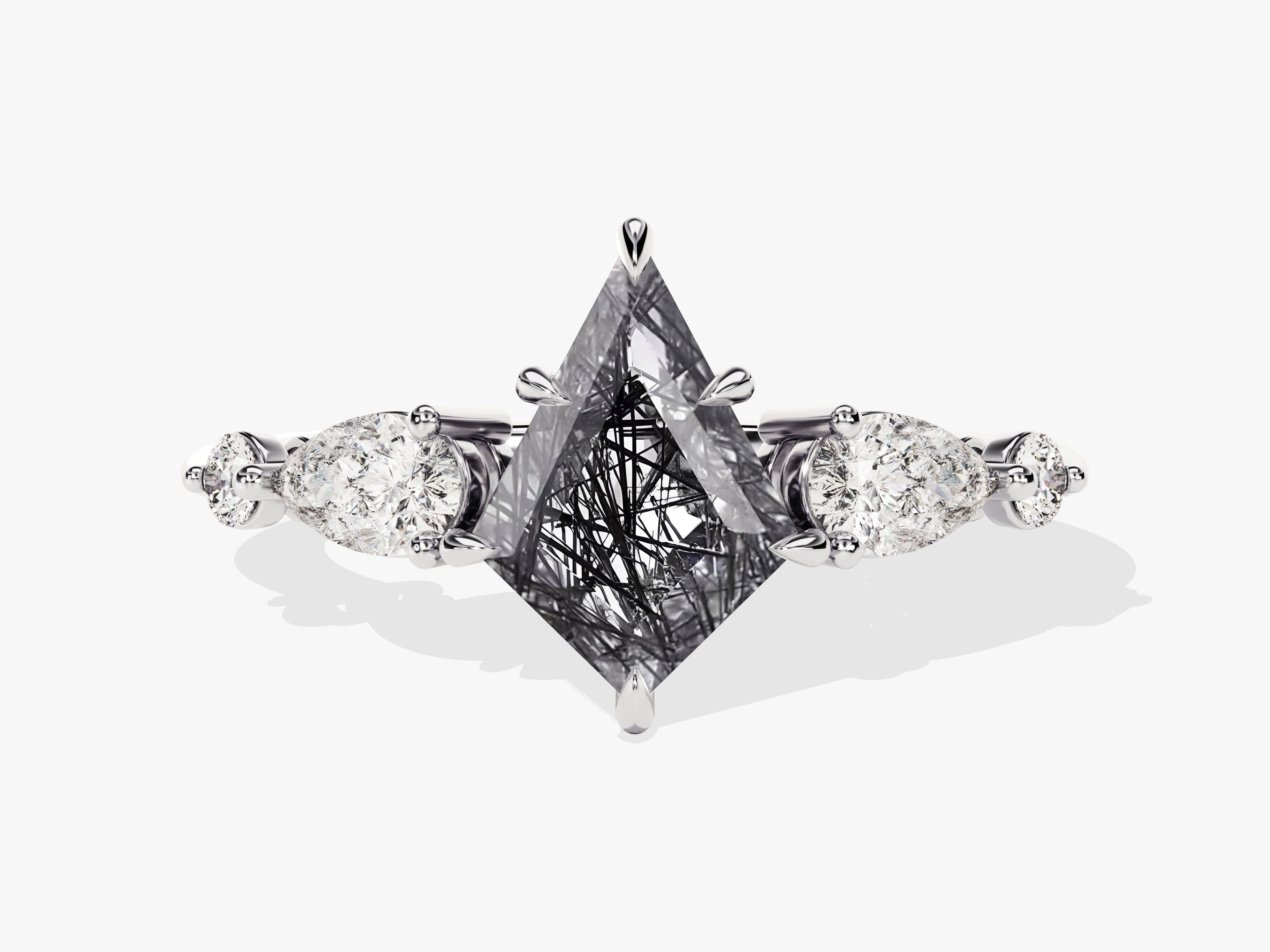 Kite Black Rutilated Quartz Engagement Ring with Pear Moissanite Sidestones