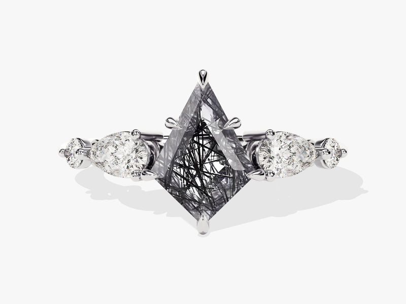 Kite Black Rutilated Quartz Engagement Ring with Pear Moissanite Sidestones
