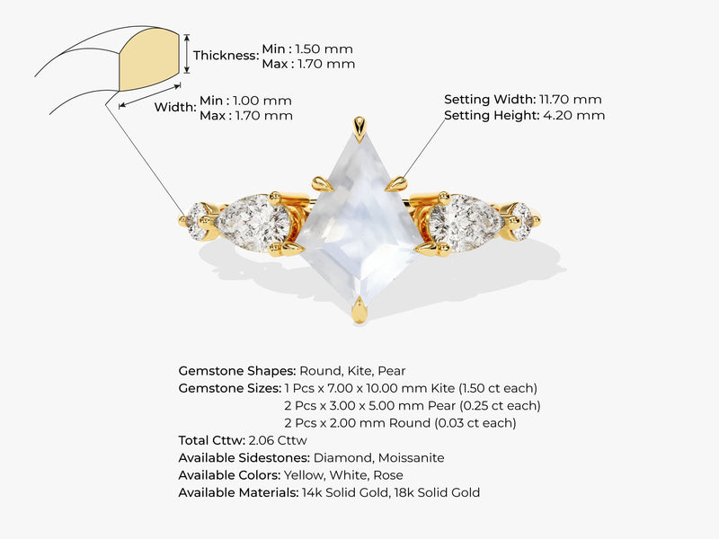 Kite Moonstone Engagement Ring with Pear Moissanite Sidestones