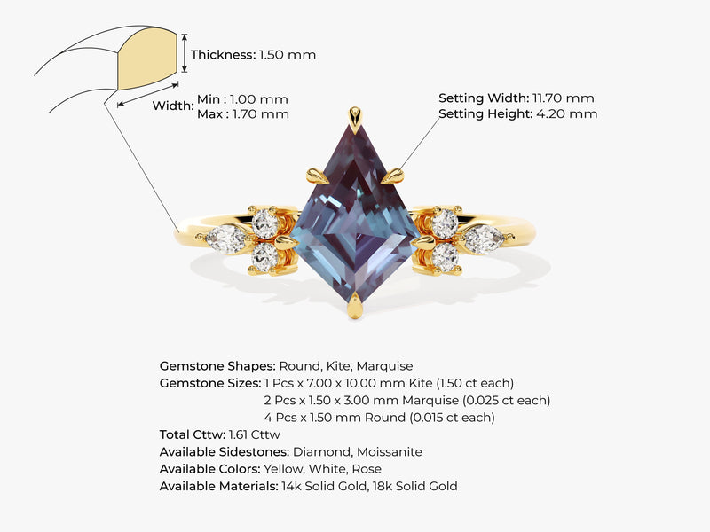 Kite Lab Alexandrite Engagement Ring with Marquise Moissanite Sidestones