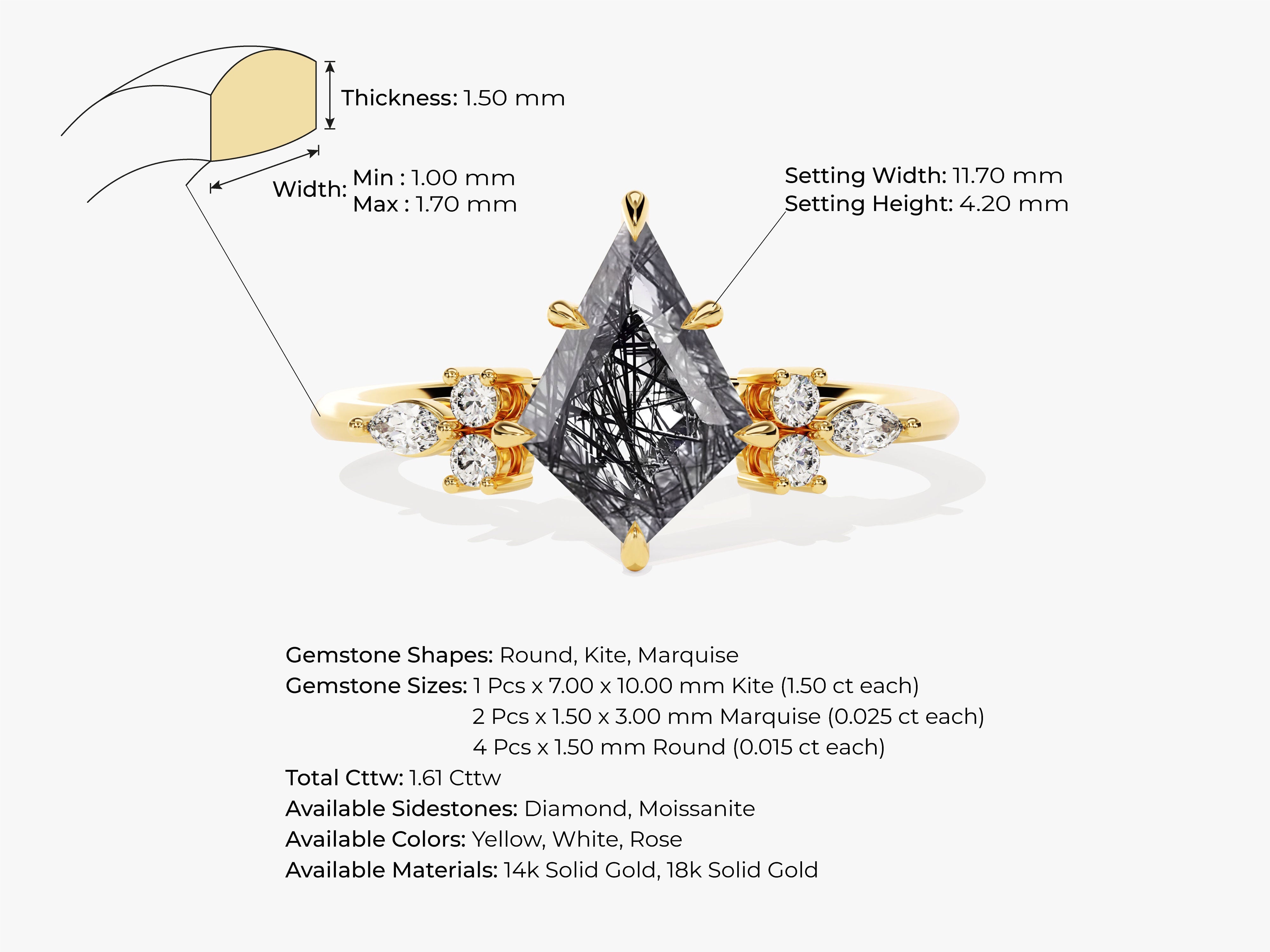 Kite Black Rutilated Quartz Engagement Ring with Marquise Moissanite Sidestones