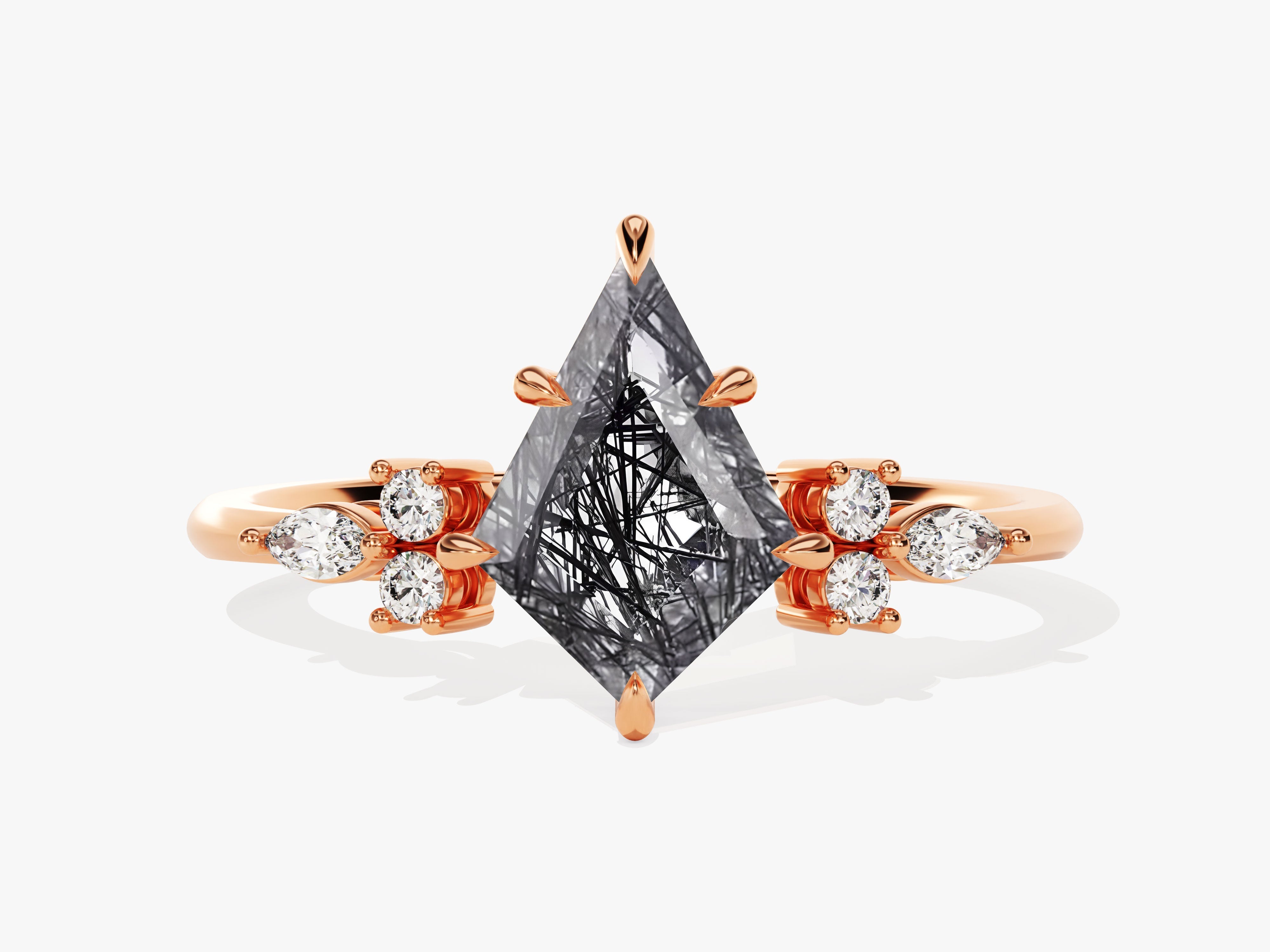 Kite Black Rutilated Quartz Engagement Ring with Marquise Moissanite Sidestones