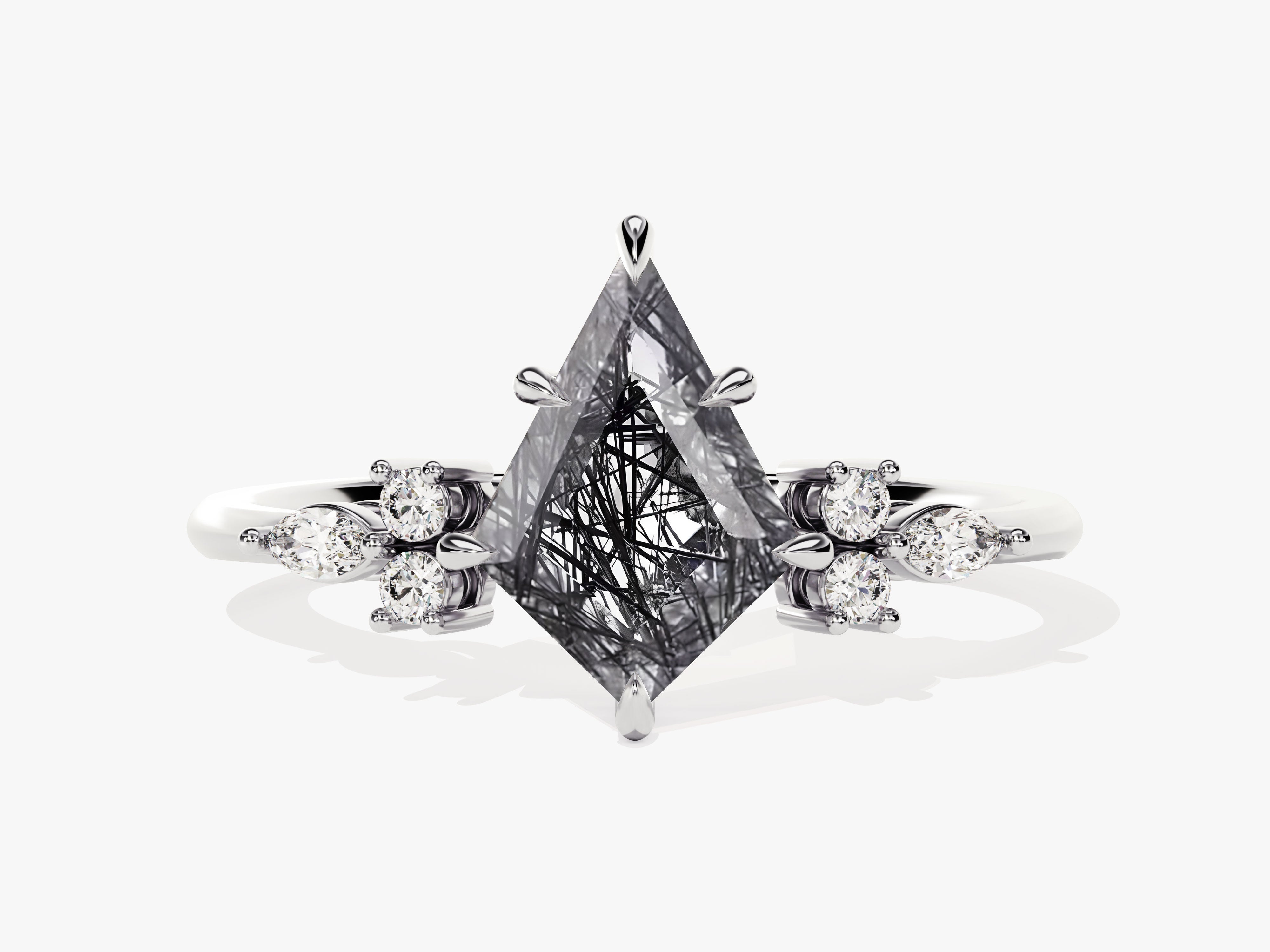 Kite Black Rutilated Quartz Engagement Ring with Marquise Moissanite Sidestones