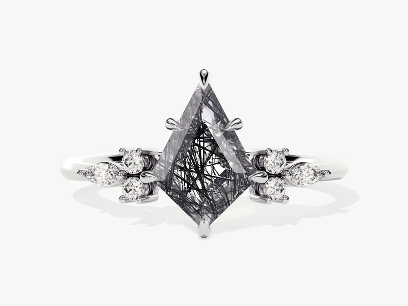 Kite Black Rutilated Quartz Engagement Ring with Marquise Moissanite Sidestones
