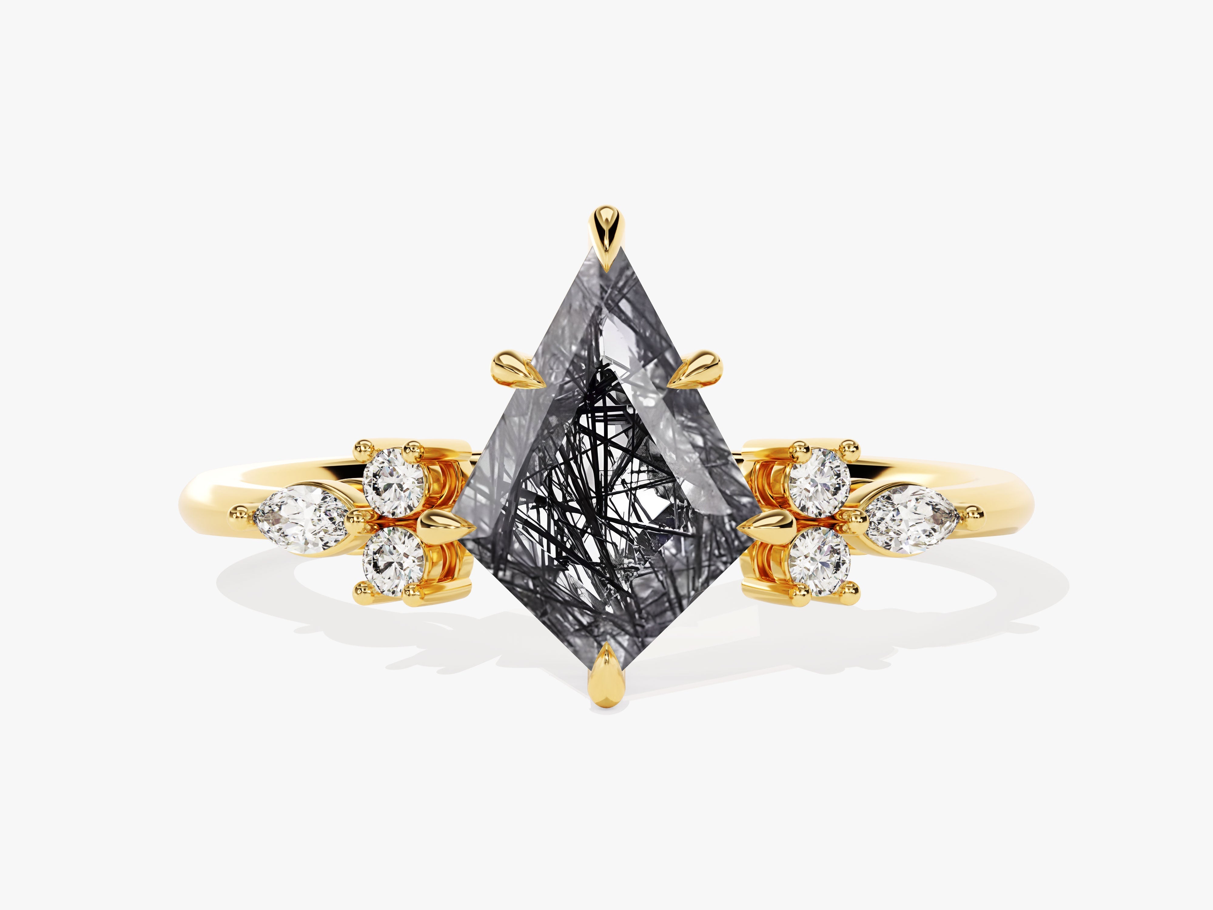 Kite Black Rutilated Quartz Engagement Ring with Marquise Moissanite Sidestones